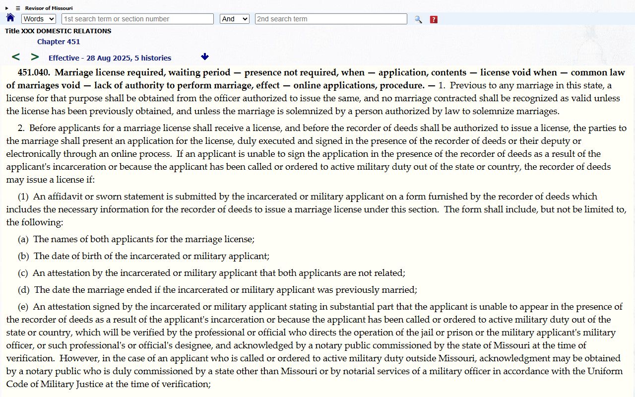 Missouri marriage license statute RSMo 451.040