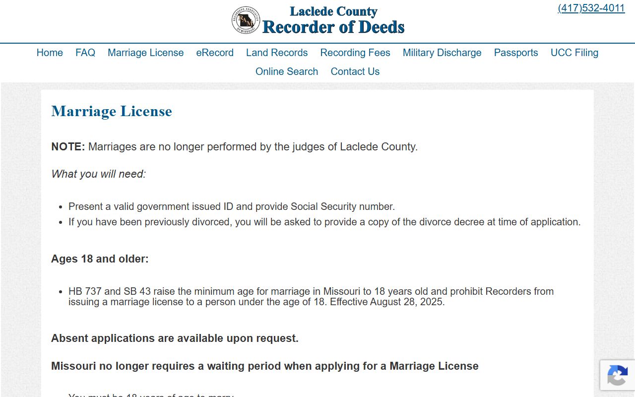 Laclede County Recorder marriage license requirements page